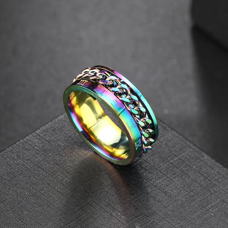 Anxiety Fidget Rings for Men Spining Titanium Stainless Steel Colorfully Spinner Rotatable Chain Jewelry Rotating Rings Men Gift